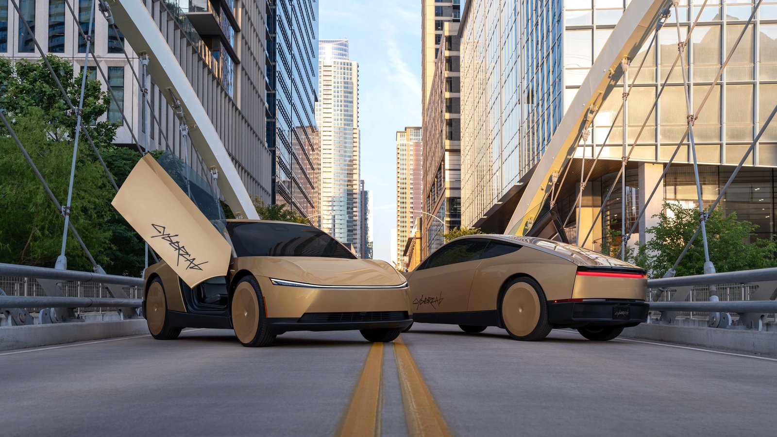 Two gold Tesla Cybercabs on a downtown Austin bridge at golden hour
