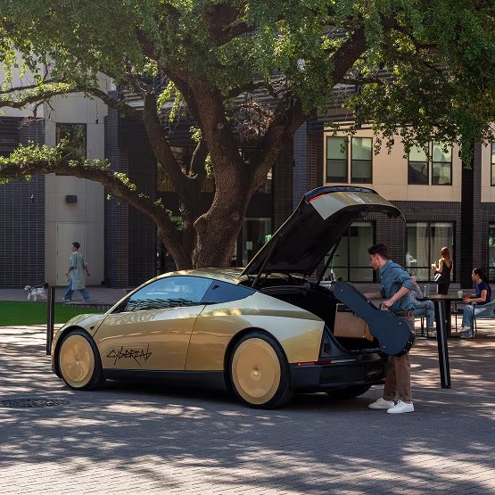 Gold Cybercab in an Austin plaza